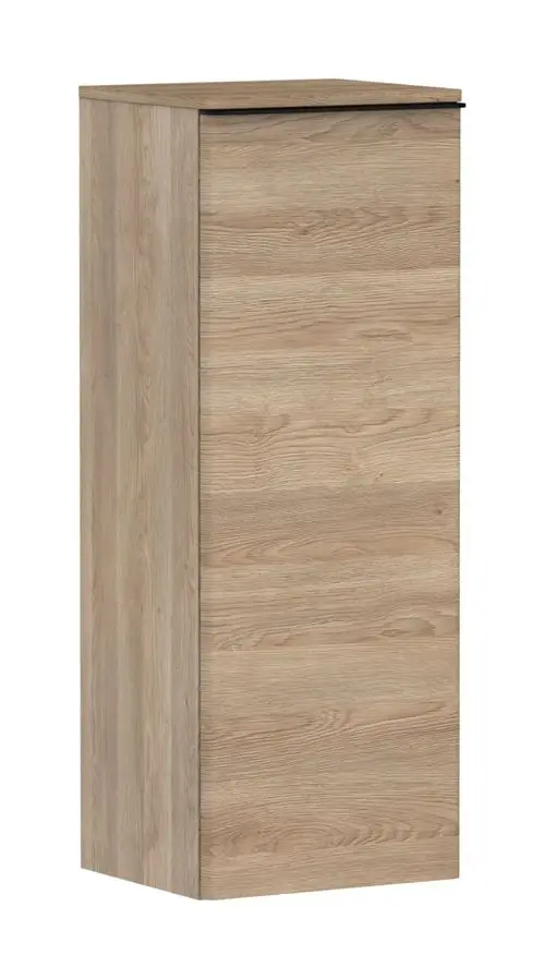 Hansgrohe Xelu Q Halbhochschrank in hellem Holzdekor, mit glatter Oberfläche und einem Türanschlag auf der linken Seite, steht auf einem ebenen Untergrund.